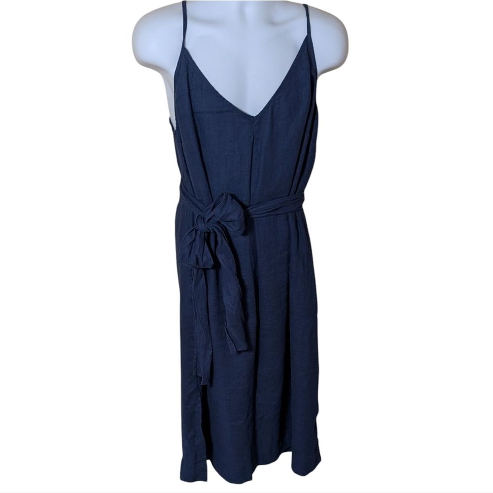 Linen Id Navy Linen Sundress With Adjustable Tie Straps Belt Large/Xl Flaw
